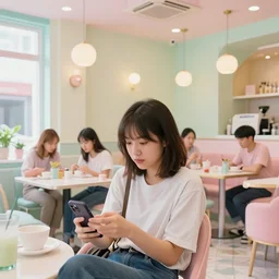 person with mobile phone chill in restaurant interior by yuri shwedoff, zeen chin, misty, pastel colors, hyperdetailed