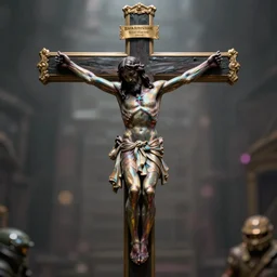 jesus christ crucifixion by beksinski, fantasy, scary, award winning halo. octane render, cinematic, hyper realism, octane render, 8k, depth of field, bokeh. iridescent accents.