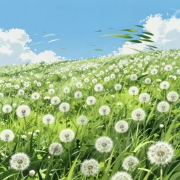 A wide-up shot of a sea of withe dandelions with green wind blowing, anime style, Studio Ghibli style, cel shading,