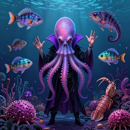 cyberpunk vaporwave punk rock vampiric electrifyingly spellbinding halloween rockstar vampire squid, angler fish, gulper eel, mantis shrimp and sea urchins conceptual character designs of various shapes and sizes by genndy tartakovsky and splatoon by nintendo and the psychonauts franchise by doublefine tim shafer artists for the new hotel transylvania film