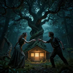a woman and a man reach toward each other, inspired by the creation of adam, a twisted tree has branches that intertwine their limbs, in front of a glowing log cabin at night, overcast skies, dark blues and greens, dark forest background, dark, nightmare, dreamlike, octane render, highly detailed, intricate detail, 4 k, 8 k, trending on artstation