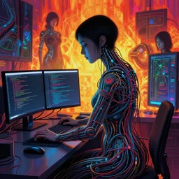 dark woman coding, a lot of wires on body, by francis bacon, by ayami kojima, by amano, by alex grey, by zdzisław beksinski, by takato yamamoto, radiant colors, ultra detailed, high resolution, wrapped thermal background