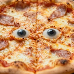 concept art, extreme close - up shot, hot pizza cells with eyes, creative macro photography, digital art, photorealistic, narrow macro photo lense, 9 0 mm f / 1 1, dynamic lighting, kodachromatic, 8 k