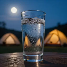 [ [ [ [ a cup of sparkling water ] ] ] ] with shiny crystals in it, camp site, dusk, moon light, hdr, backlit, ( dramatic angle ) 8 k f 5 2 0 mm