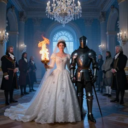 the royal wedding between the princess of fire and the black knight in the palace hall, blue light, blue tones. by henriette ronner - knip, by william henry hunt, by rembrandt, by joseph mallord william turner, by konstantin razumov, concept art,