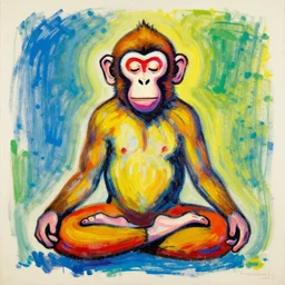 meditating monkey in the lotus position painted by cy twombly and andy warhol