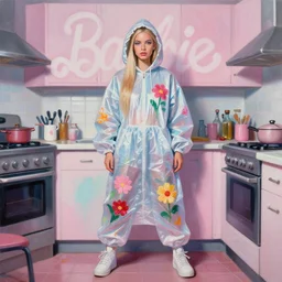 still from music video of barbie palvin from die antwoord standing in a kitchen, wearing a trashbag hoodie garbage bag and flowers, street fashion, full figure portrait painting by martine johanna, ilya kuvshinov, rossdraws, pastel color palette, spraypainted bodypaint graffiti