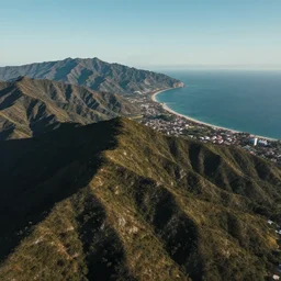 nature landscape, aerial view, drone photography, cinematic, mountains and ocean, trending on artstation, by jordan grimmer, art greg rutkowski