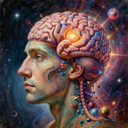 a hyper extravagant and complex painting with almost quantum details of a man with a super brain in sight and a syndrome that transforms his head and his way of perceiving the universe