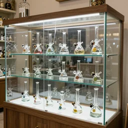 display cabinet full of glass bongs, cannabis dispensary California 2020