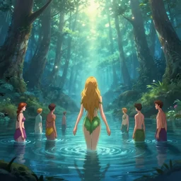 forest nymph rising from the water. view from behind, wide angle view, back view. nuri iyem, james gurney, james jean, greg rutkowski, anato finnstark, davinci, emma watson, gigachad. trending on artstation, starlight, and enchanted dreams. instagram photo shoot, trending on pinterest, perfect hands