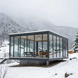 opal channel glass house by crosby studios on a mountain during snowfall