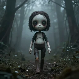 a lonely dollpunk walking in a eerie foggy forest, detailed, omnious atmosphere, symmetry body features, award winning, by Tom Bagshaw