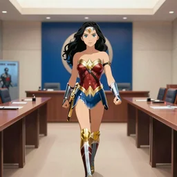 Wonder Woman dramatically enters the meeting room of Justice League Headquarters, photorealistic anime