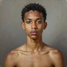 A portrait of a skinny trendy and enchanting non-binary person, light skin tone, Indian, oil painting by Kehinde Wiley, majestic, detailed, high resolution