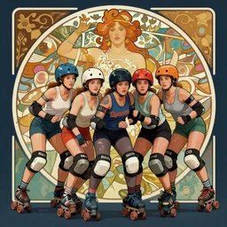 a beautiful portrait of a roller derby team by Alphonse Mucha trending on Artstation