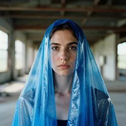 closeup portrait of a woman wrapped in blue cellophane, standing in an abandoned cotton mill, color photograph, by vincent desiderio, canon eos c 3 0 0, ƒ 1. 8, 3 5 mm, 8 k, medium - format print