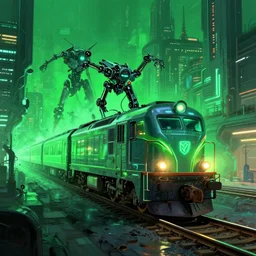 neon railway running through futuristic robot city. night. robots. cyberpunk. robotic. locomotive. cyber train. victor enrich. cybernetic. vincent di fate. green night sky. beeple. jim burns. trending on artstation. digital painting