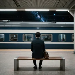 a man in a suit waiting at a train station with a view of outer space on the other side, award-winning photograph