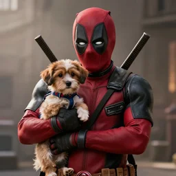 a still from the avengers movie of deadpool holding a cute dog, 4 k, movie scene, professional lightimg, cinematic, dramatic