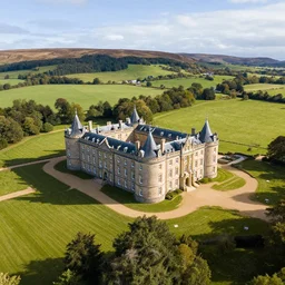 helicopter view, wide angle photograph of hygge castle with elegant fancy architecture in idyllic rolling scottish fields, sunny