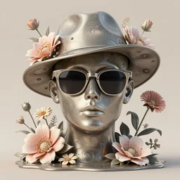 a head made out of melting metal, limited neutral palette, it is wearing sunglasses and a hat, there are flowers all around it, vogue cover style, demonic style, smooth fractal style, ethereal fantasy style, 3 d perfect render style, horror style, flowerpunk style