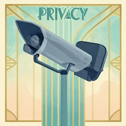 illustration with privacy under surveillance, an art deco painting by tom whalen, trending on behance, art deco, digital illustration, storybook illustration, grainy texture, flat shading, vector art, airbrush, pastel, watercolor, poster