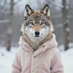 Beatiful portrait of an anthro anthropomorphic wolf wearing a cute cozy soft pastel winter outfit winter Atmosphere. award winning painting