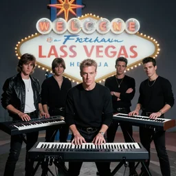 8 0's synthesizer band, anton corbijn, black, white, grey, posed, album cover, las vegas background, duran duran, vangelis, synthesizer, glitter, atmospheric lighting. highly detailed 8 0's style photo.