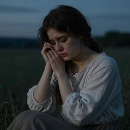 a girl in the evening, sad, crying,  art by Adolphe Bouguereau, extremely detailed, cinematic