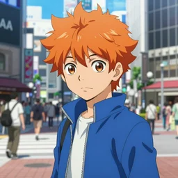 orange - haired anime boy, 1 7 - year - old anime boy with wild spiky hair, wearing blue jacket, shibuya street, blue sunshine, strong lighting, strong shadows, vivid hues, raytracing, sharp details, subsurface scattering, intricate details, hd anime, high - budget anime movie, 2 0 2 1 anime