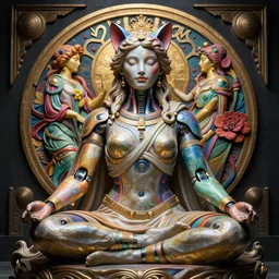 vibrant sculpture of beautiful cyborg roman god cat's ears, meditation position by laurie greasley gustave dore ron english alphonse mucha, cybernetics, low contrast, cinematic dramatic lighting, hyper realistic detailed intricate render, hypermaximalist, ornate, epic composition, 4 k 8 k, cryengine octane blender, sharp focus, concept art, masterpiece
