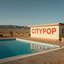 the outdoor pool and sign at a lonely desert motel, citypop, photoreal