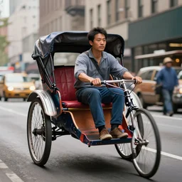 a sharp detailed rickshaw driving through new york, an epic fantasy, wide shot, ultra realistic, detailed, ( ( depth of field ) ), crisp details, sharp details, photorealism, colorful, cinematic, trending on artstation, masterpiece, by greg rutkowski, studio ghibli, by ross tran, by fenghua zhong, octane, soft render