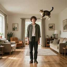 a full body portrait of a man and a cat in a wide room. the cat is above and to the right of the man