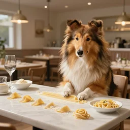 a sheltie working on a pasta restaurant, intricate, detailed, concept art
