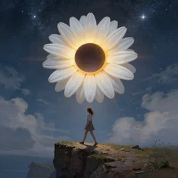 giant white daisy flower on head, girl walking on cliff, surreal photography, solar eclipse, milky way, dramatic light, impressionist painting, clouds, digital painting, artstation, james gilleard and liam wong and jeremy mann