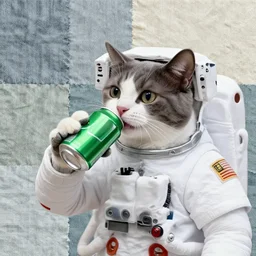 patchwork, texture of an astronaut cat drinking a can of green radioactive soda in the middle of the space, fractal, tiles, tiling