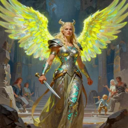 A mixed media painting of the beautiful blonde viking goddess of war with neon-yellow-holographic futuristic wings, very aesthetic, detailed face, by Frank Frazetta, Greg Rutkowski, Boris Vallejo, Beeple, Christian MacNevin, epic fantasy character art, goddess of anger, teal-neon viking runes, high fantasy, CGsociety, full length, exquisite detail, post-processing, low angle, masterpiece, cinematic, odin's stone arena background
