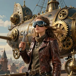a young woman stands in front of a steampunk airship, her hair blowing in the wind. she wears a goggles and a leather jacket, and in her hand she holds a wrench. the airship is adorned with intricate gears and brass fixtures, and the background is a cityscape of victorian - style buildings