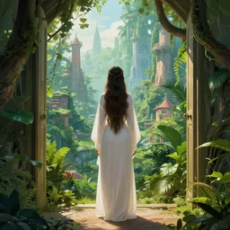 A beautiful jungle princess wearing white robes stands in a doorway looking out over a fantastical city, by keith parkinson and michael whelan