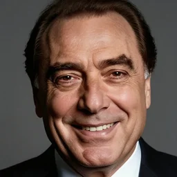 Silvio Berlusconi is looking at you and smiling, a big scary smile from Silvio Berlusconi, close up portrait, professional photography CANON, dramatic lighting enhancing all the details from Berlusconi's face