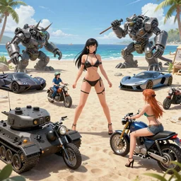 Wide angle shot of voluptuous Waifu battling creatures with tanks, motorcycles, and advanced technology, in a beachfront environment, luxury concept cars in background, beautiful aesthetic, photorealistic, hyperrealistic, octane render, HDR, IG Studios Anime Style