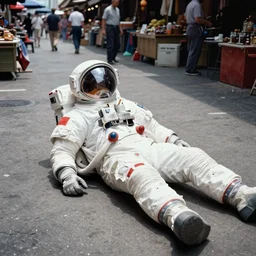1 9 9 0 color photo portrait of an astronaut lying on the market street, summer, daylight, cinematic tone,