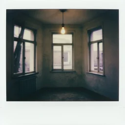 a poloroid of an empty room with windows, a bare lightbulb hangs, spooky, unnerving
