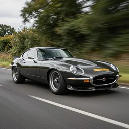 award winning photo of an ultra detailed high quality!! jaguar e - type!! car, carbon fibre skin, low suspension, speeding very fast along an english country road, fast shutter speed, motion blur, tiny gaussian blur, highly detailed, highly intricate, depth of field, trending on top gear, full car body, wide angle lens