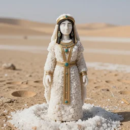 salt woman covered in salt shaped like a 30 year old woman in ancient Canaanite clothing, desert drought background. 40mm lens, shallow depth of field, split lighting