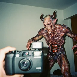 a disposable vintage camera photograph with camera flash of a male demonic creature made of slimy oozy meat and veins inside a room attacking the pov, photorrealistic, concept art, film, dslr