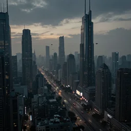 futuristic sci - fi cityscape at dusk, poluted sky, lanes of small flying vehicles, skyscrapers, neon signs, dense urban sprawl, dark, cool muted light, cool colors, robert mccall, greg rutkowski, h r giger