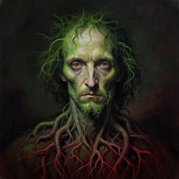 award - winning painting of a edgar alan poe, infested with pitch green, grass - like, shadow roots with lots of tendrils on the skin, blue veins, intricate detail, deep red roots, infestation, shadowy, lovecraftian, beksinksi, chiaroscuro, close - up portrait shot